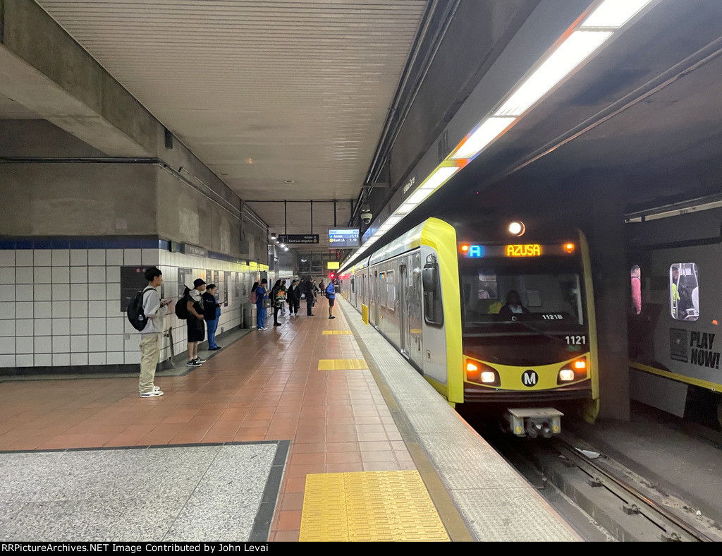 An Azuza bound LACMTA Light Rail A Line train is about to stop at 7th St/Metro Center Station